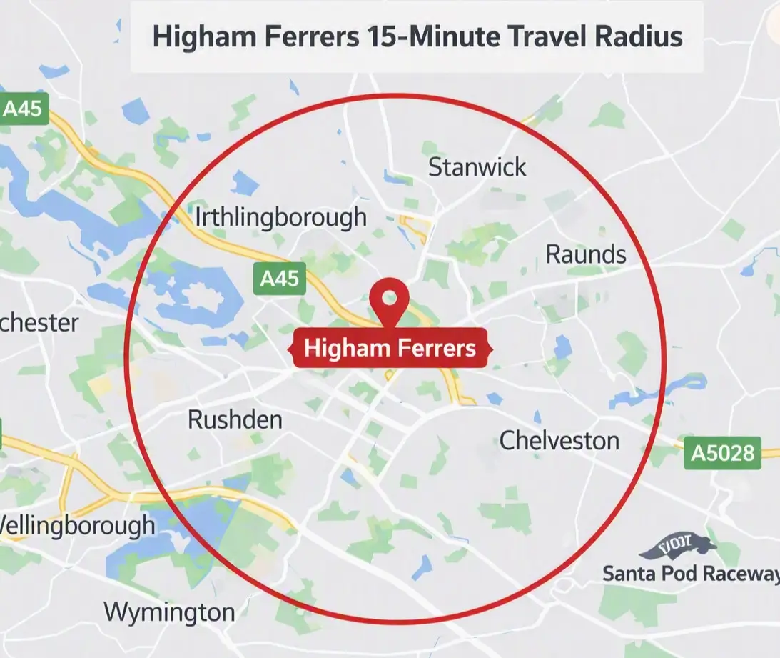Higham Ferrers map showing the local reflexology service area